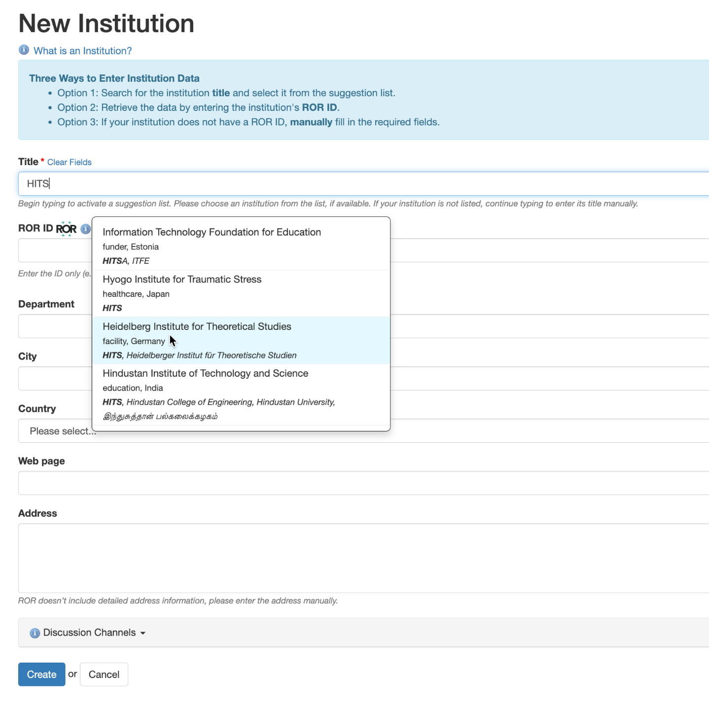 Institution name search